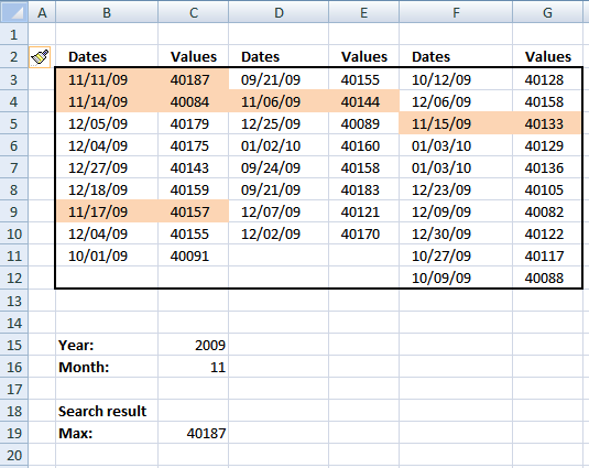 Largest value in a range using date criteria in excel