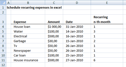 Schedule Recurring Expenses In A Calendar In Excel Personal Finance 