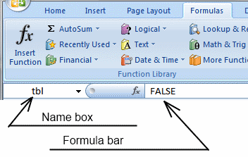 Picture of the Excel name box and formula bar