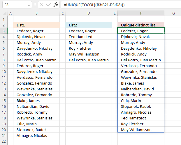 Extract A Unique Distinct List From Two Columns