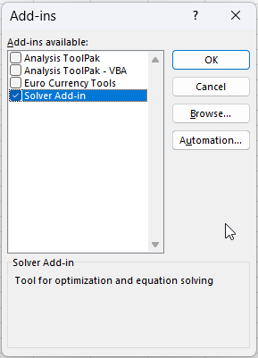 Enable Solver in Excel add ins dialog box